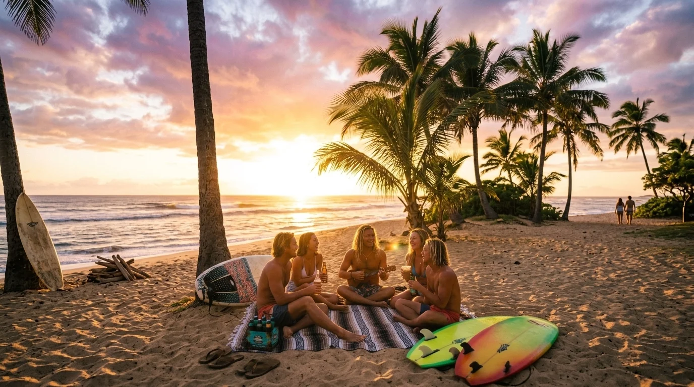 Friends watching the sunset together on a North Shore Oʻahu beach with surfboards