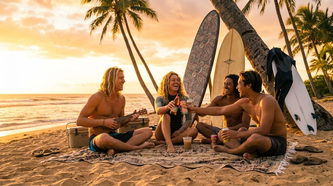 Friends enjoying a golden-hour beach day with surfboards on Oʻahu's North Shore