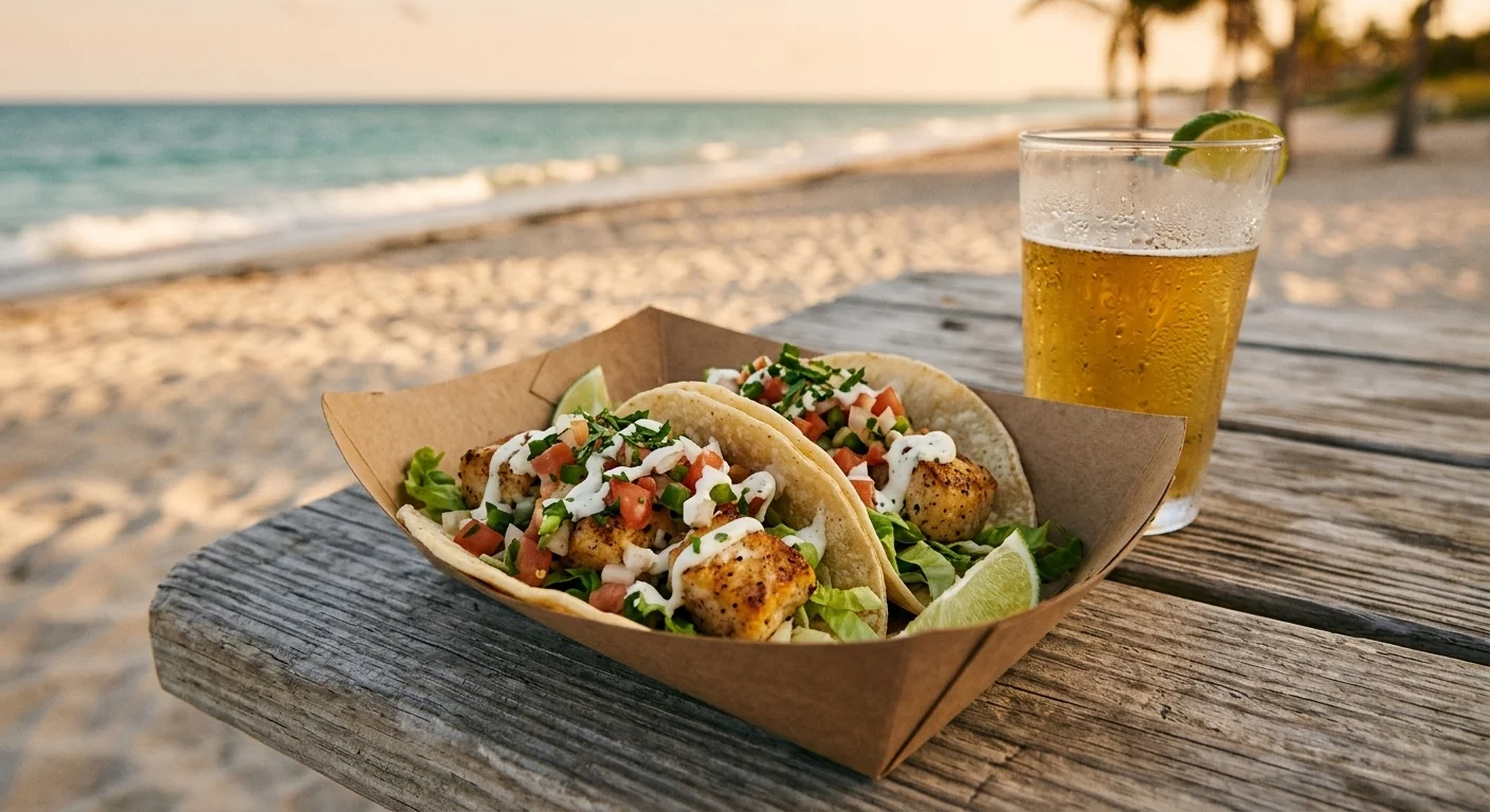A tray of North Shore Tacos Baja-style fish tacos with a cold drink on a weathered picnic table, a North Shore beach behind at golden hour