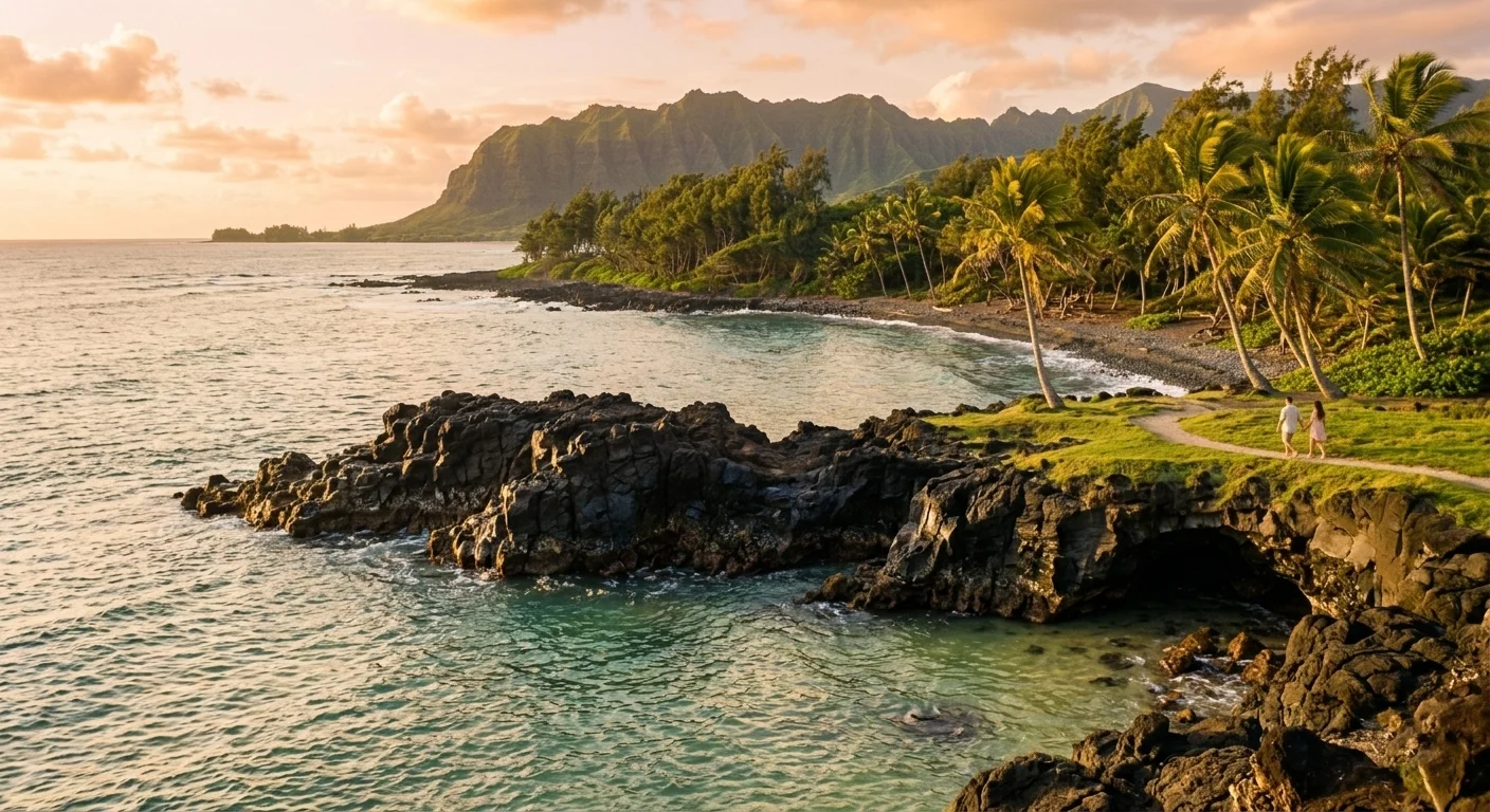 A calm cove and rugged lava-rock coastline near Turtle Bay on Oʻahu's North Shore at golden hour