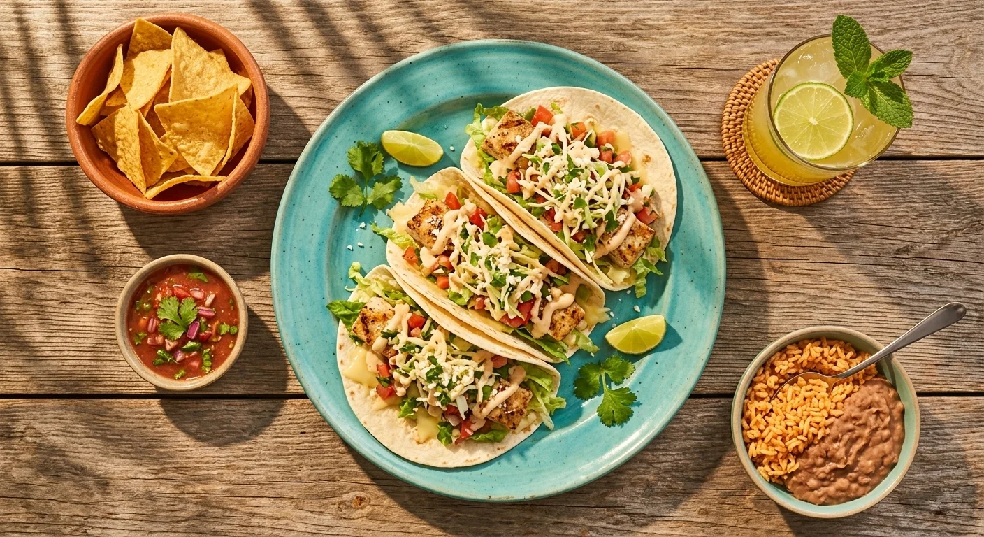 An overhead spread of North Shore Tacos Baja-style fish tacos with chips, salsa, rice and beans, and a tropical drink on a rustic wood table