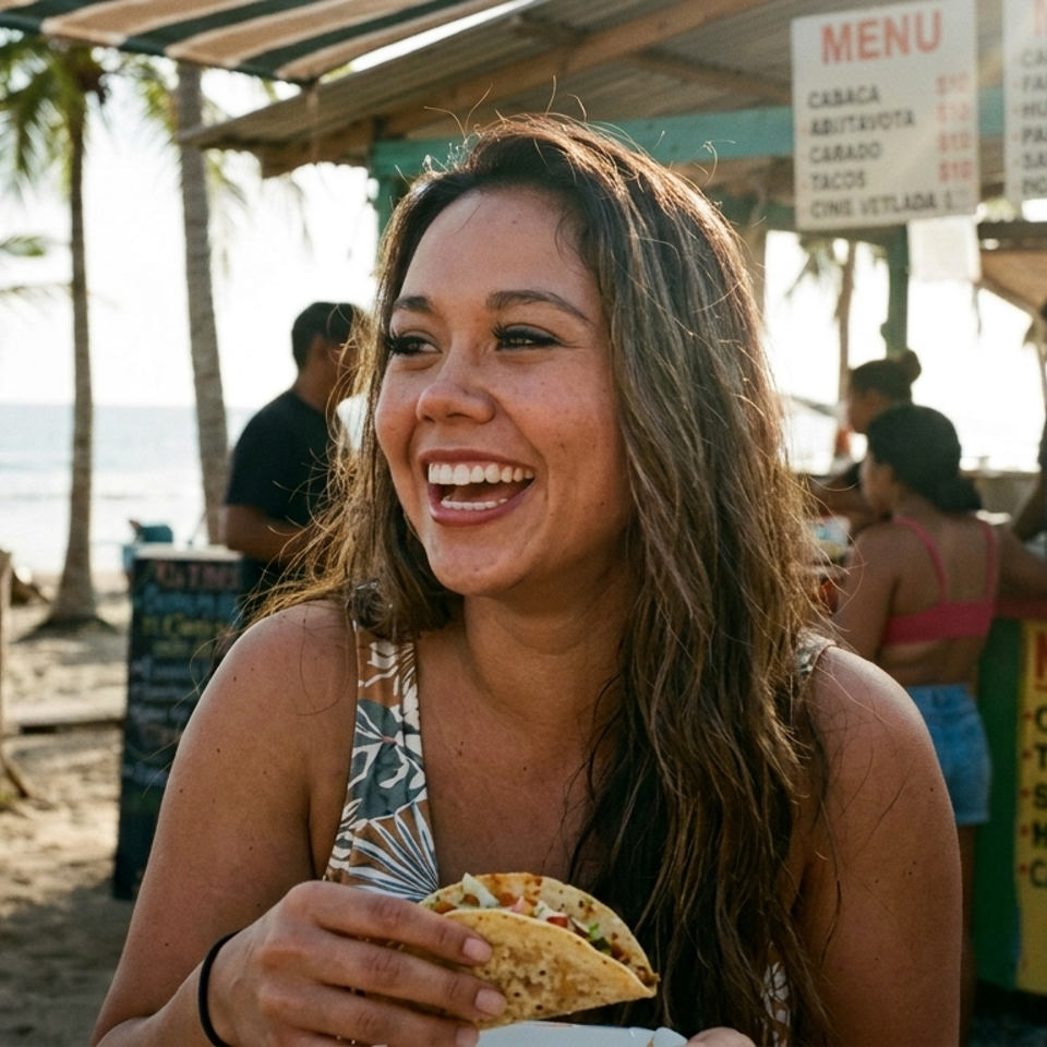 A smiling woman holds a taco on a beach with palm trees and a food stand in the background.