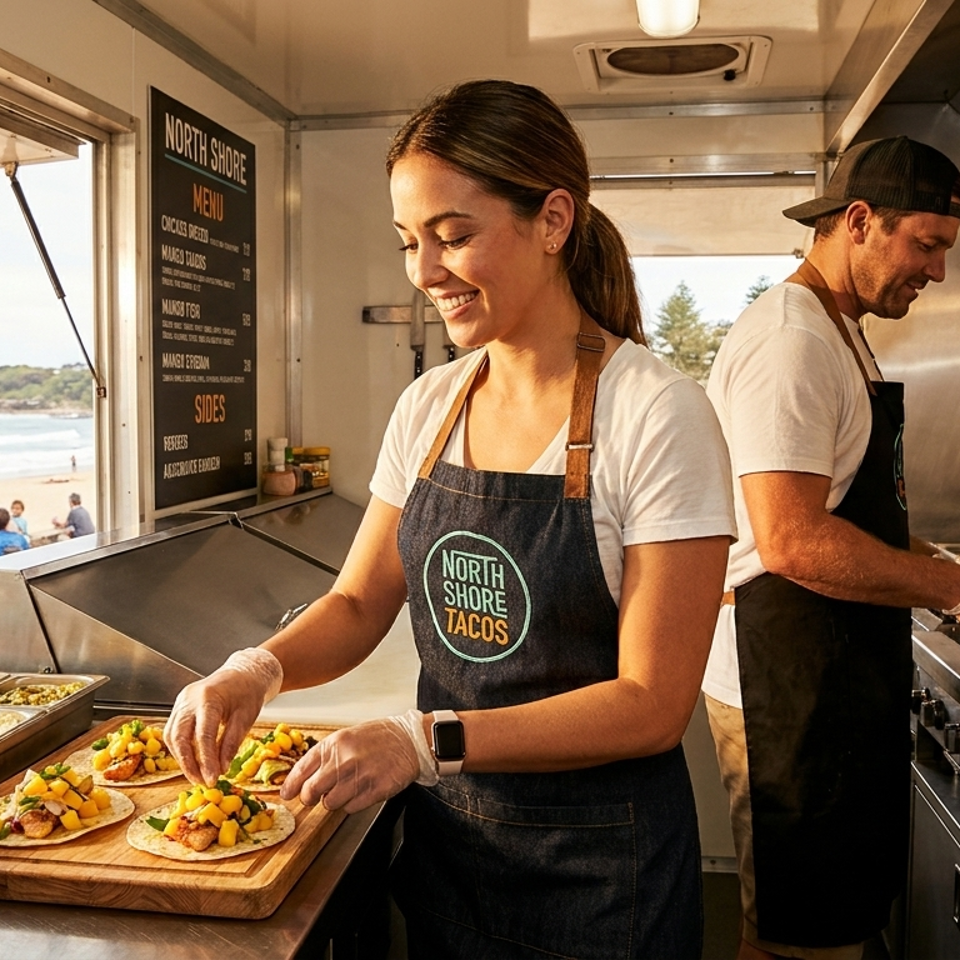 Two North Shore Tacos chefs preparing food inside a food truck overlooking a beach.
