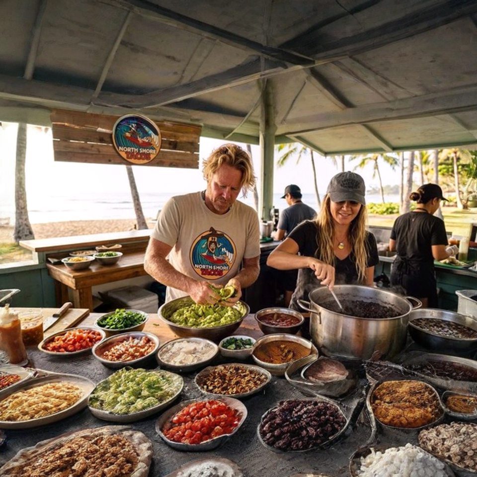 Two chefs prepare a taco bar with many fresh ingredients at North Shore Tacos.