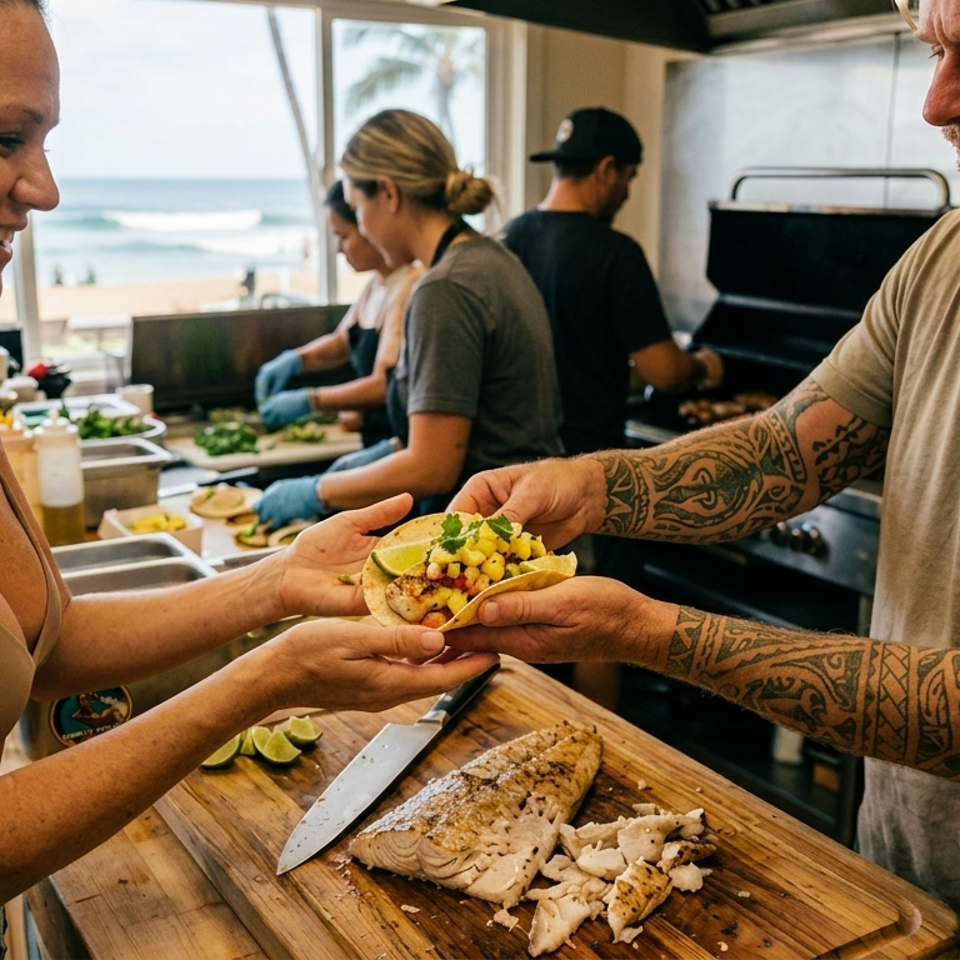 A man hands a fresh fish taco with mango salsa to a smiling woman in a kitchen overlooking the ocean.