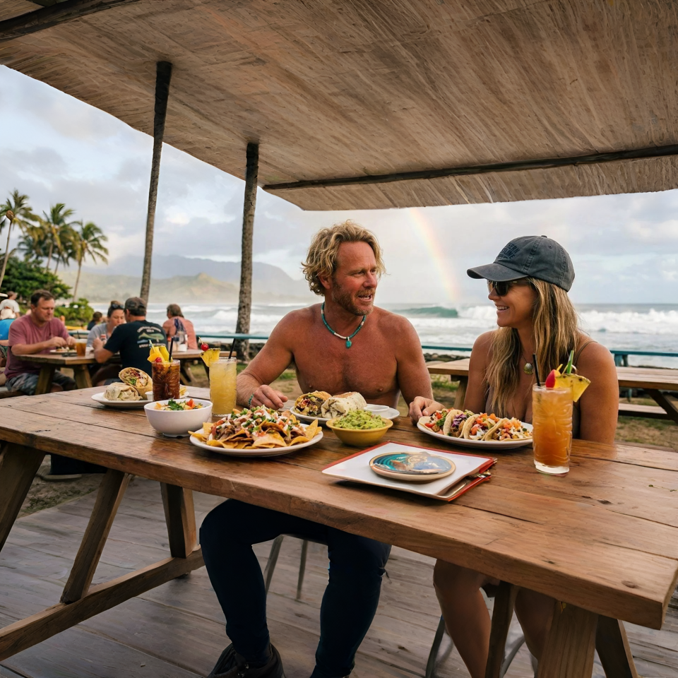 Couple enjoying a meal with nachos, tacos, and drinks at a beachfront restaurant with a rainbow.