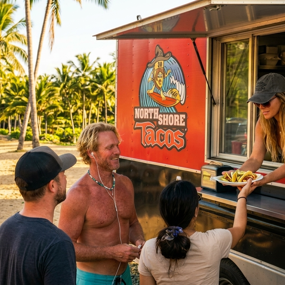 A woman serves tacos from the North Shore Tacos food truck on a beach with palm trees.