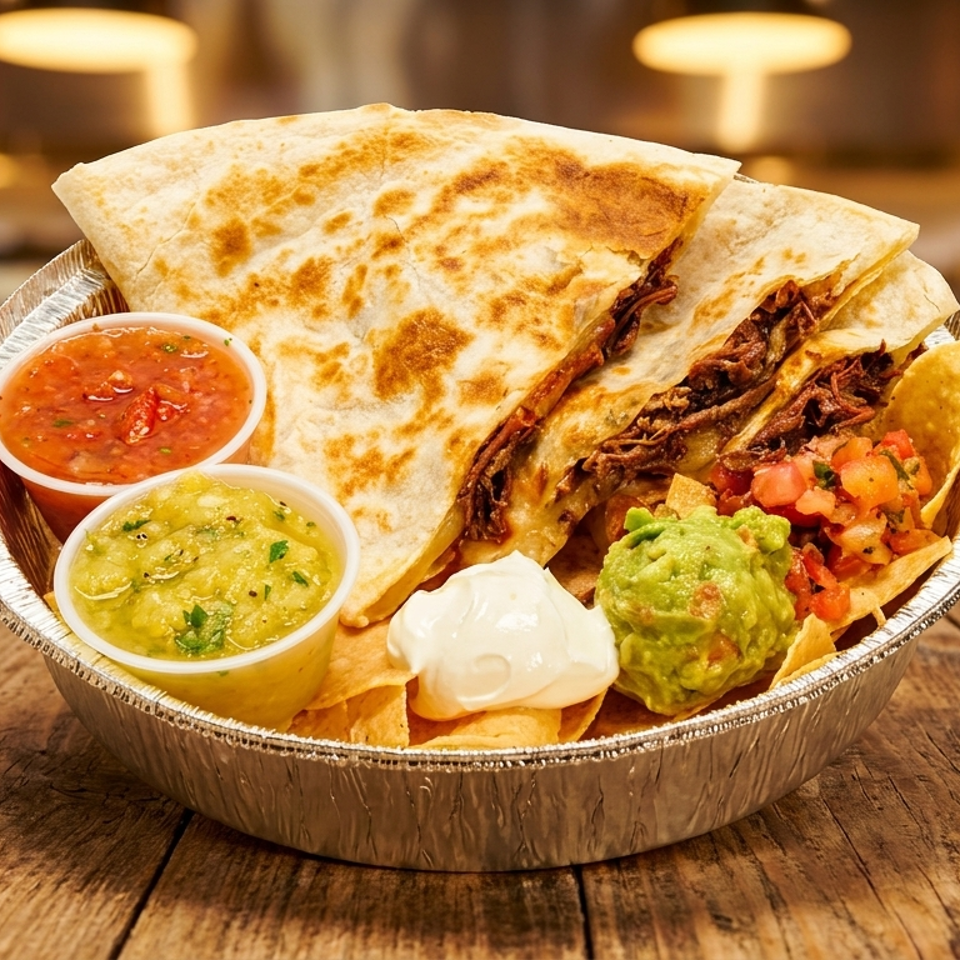 Shredded beef quesadilla with salsa, guacamole, sour cream, and pico de gallo in a foil container.