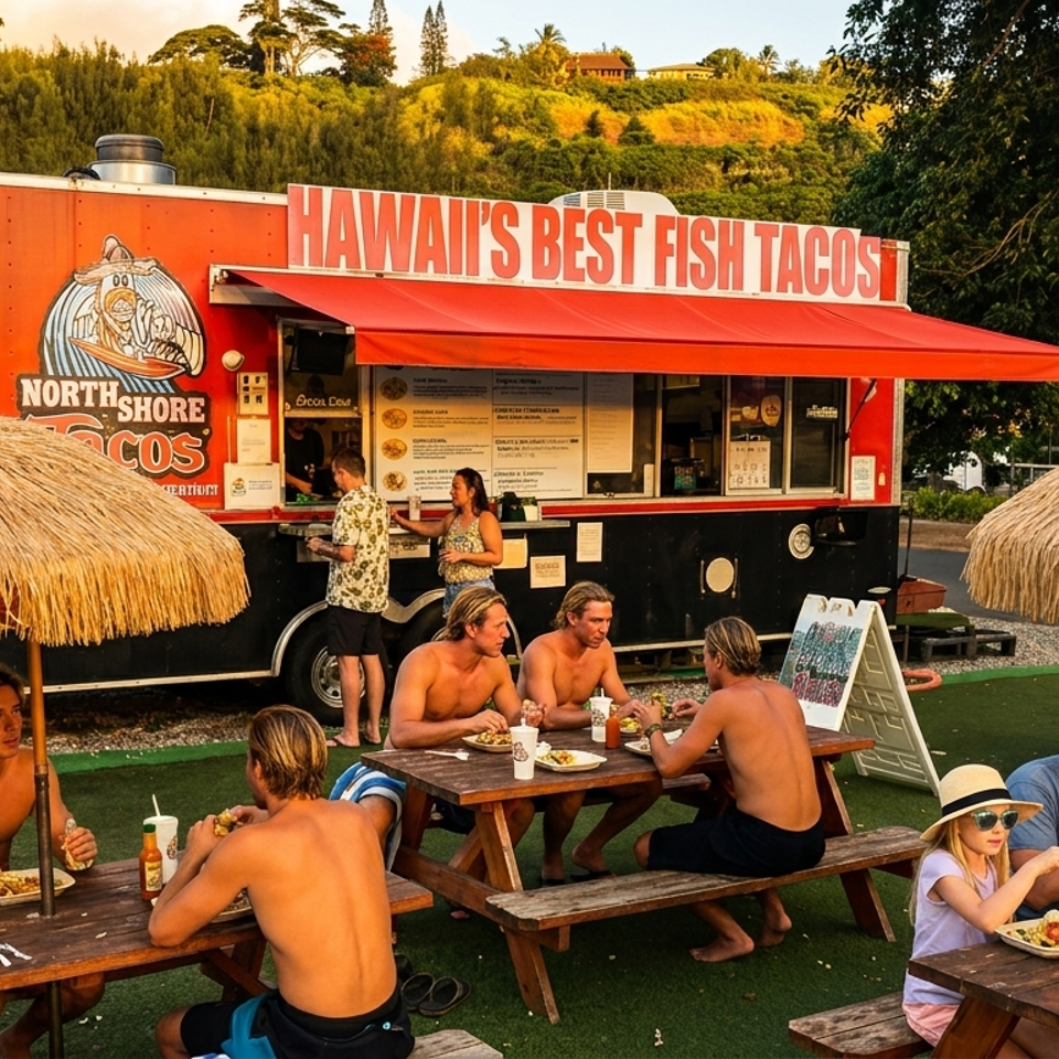 People eat at picnic tables from the "Hawaii's Best Fish Tacos" food truck under straw umbrellas.