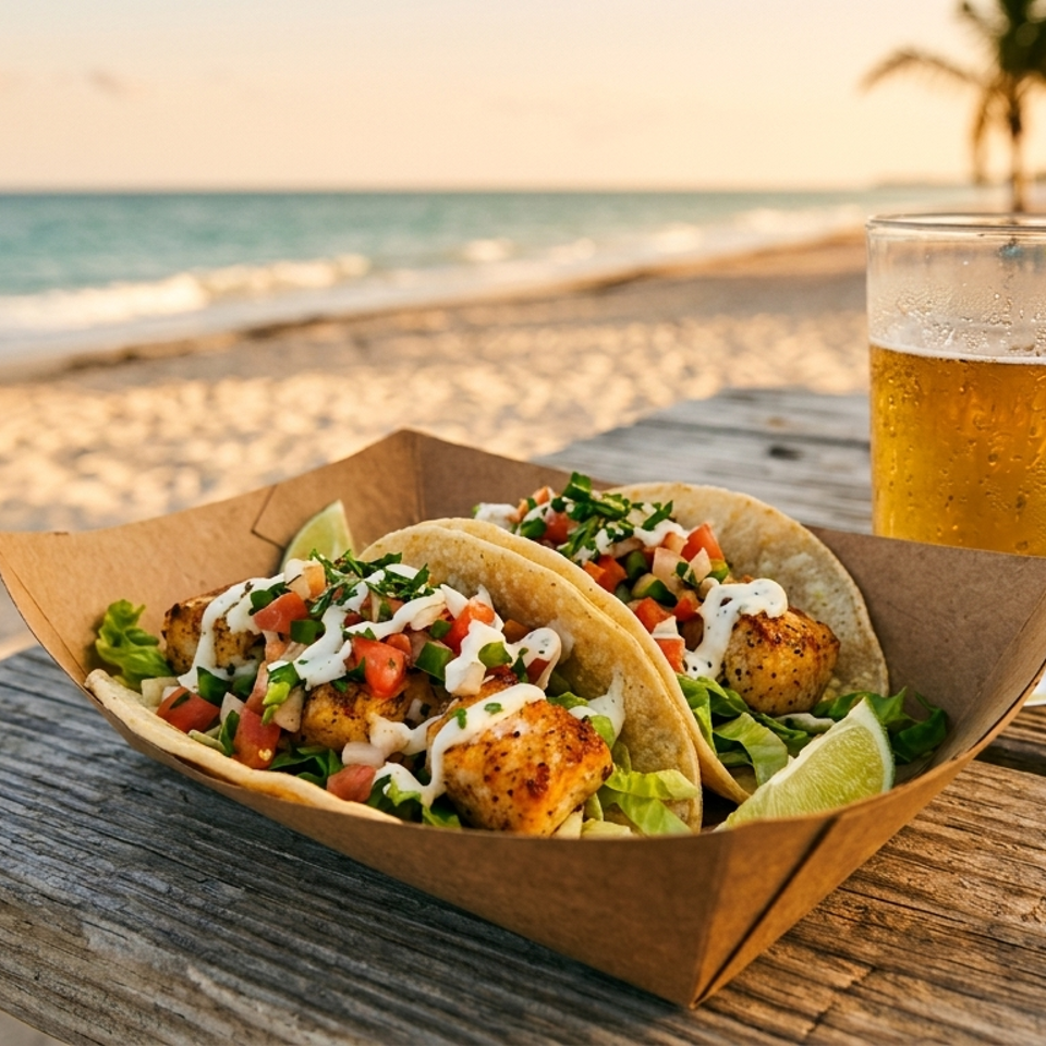 Two fish tacos and a beer on a wooden table with a beach and ocean in the background.