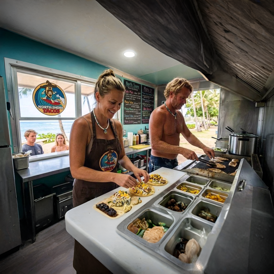 Two chefs prepare North Shore Tacos in a food truck with a beach view.