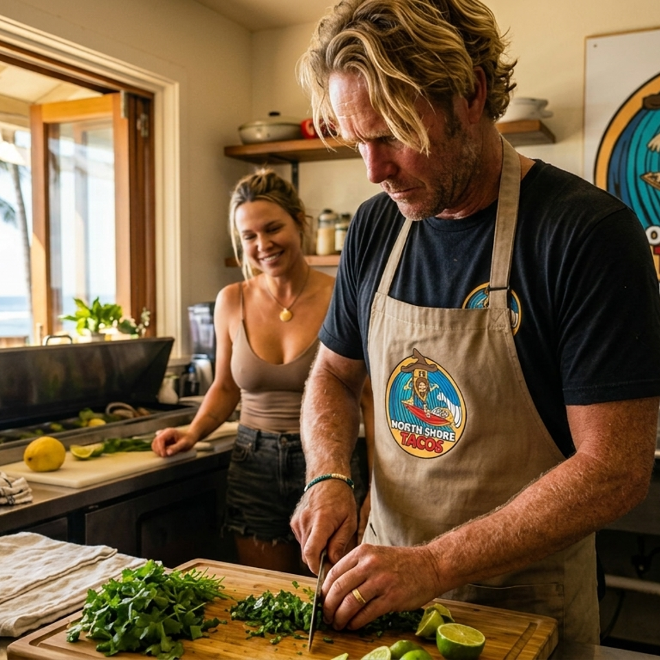 A man in a North Shore Tacos apron chops herbs in a kitchen with an ocean view, a woman smiles behind him.