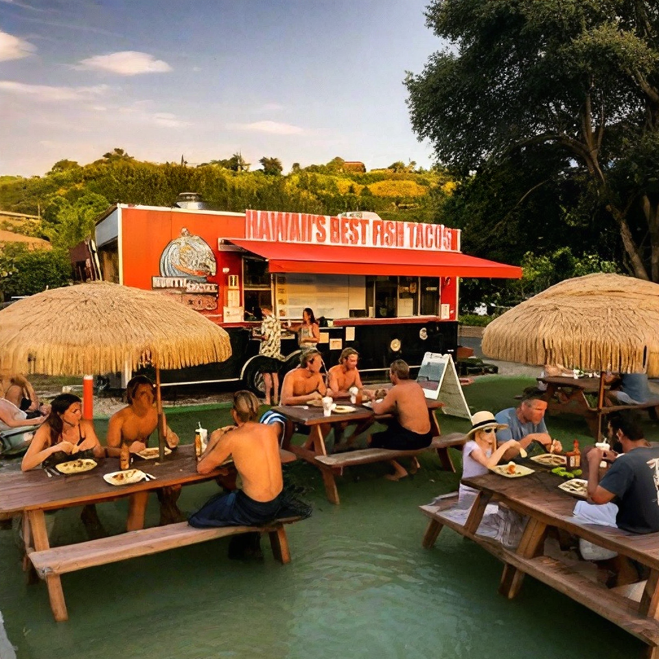 People eating at picnic tables in shallow water next to the "Hawaii's Best Fish Tacos" food truck.