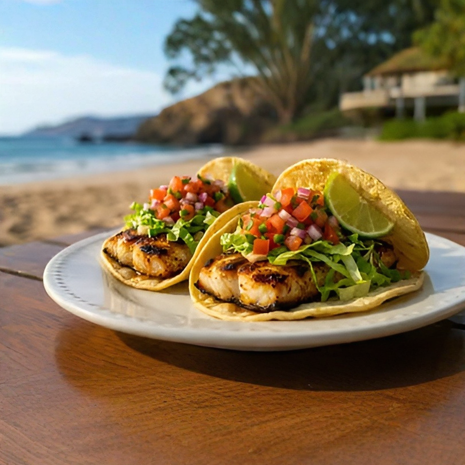 Two grilled fish tacos with salsa, lettuce, and lime on a plate at the beach.