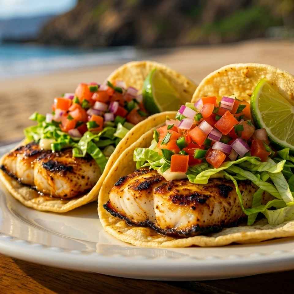 Two grilled fish tacos with salsa, lettuce, and lime on a plate by the beach.