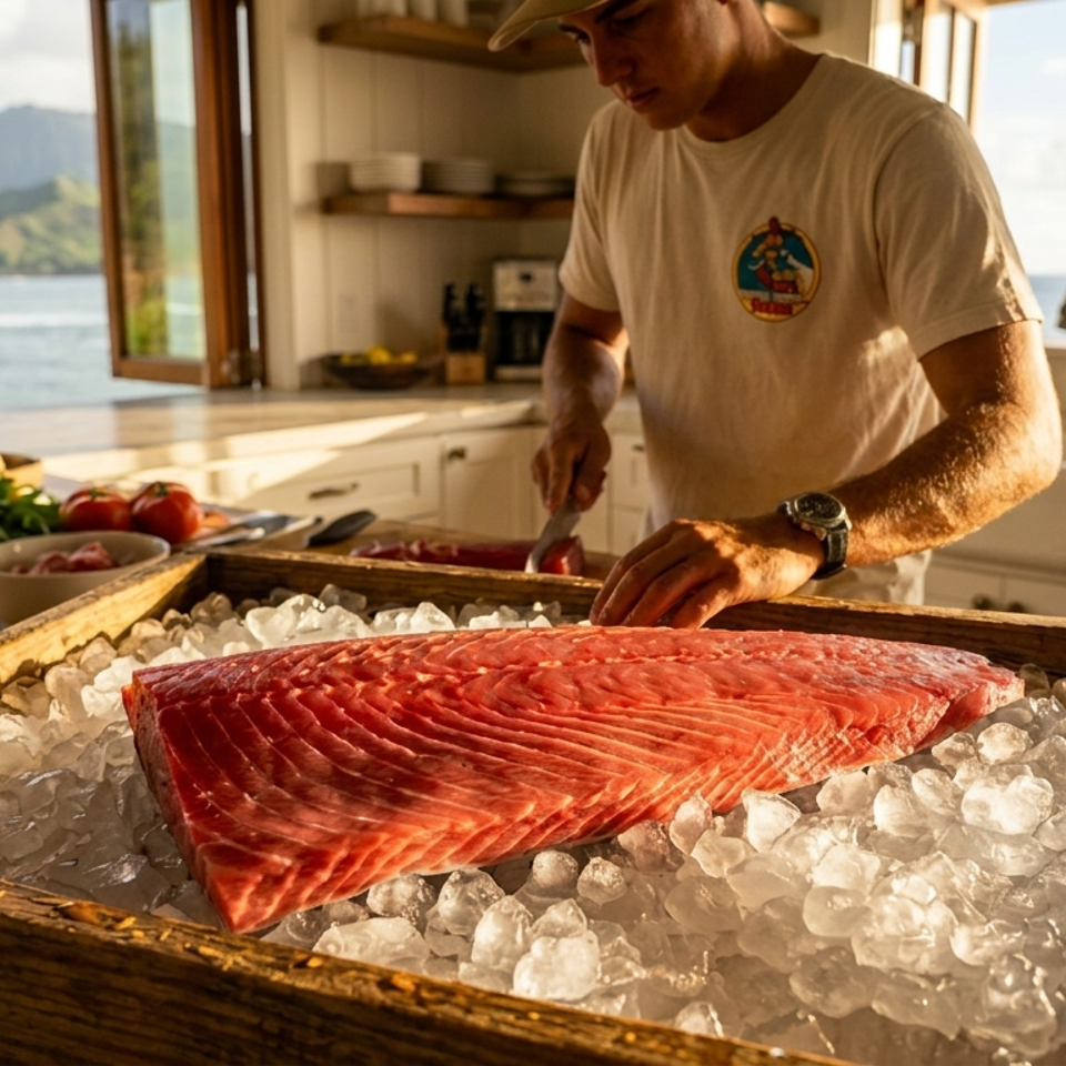 Chef slicing fresh tuna on ice in an open-air kitchen overlooking a tropical ocean and mountains.